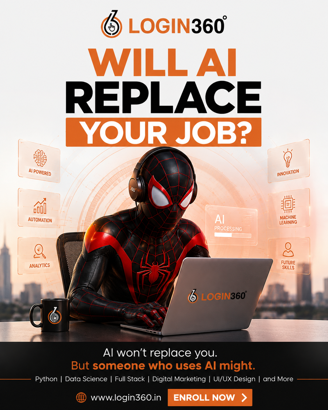 Login360 AI career poster with Spider-Man character designed by Muhammed Naseef